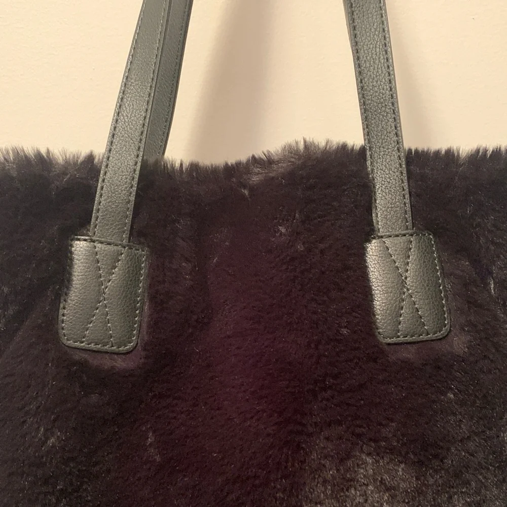 Black Faux Fur Tote with Leather Straps